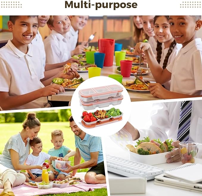 3 Pcs Stainless Steel Snack Containers with Lids, 3 Compartment Divided Food Storage Containers, 304 Steel Leek Proof Bento Lunch Snack Boxes for School, Home, Travel