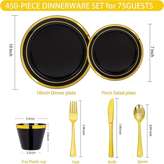WELLIFE 450 PCS Black and Gold Disposable Dinnerware Set for 75 Guests, Plastic Plates for Party, Gold rimmed Dinner Salad Plates,Cups,Silverware Set for Halloween Party and Celebration