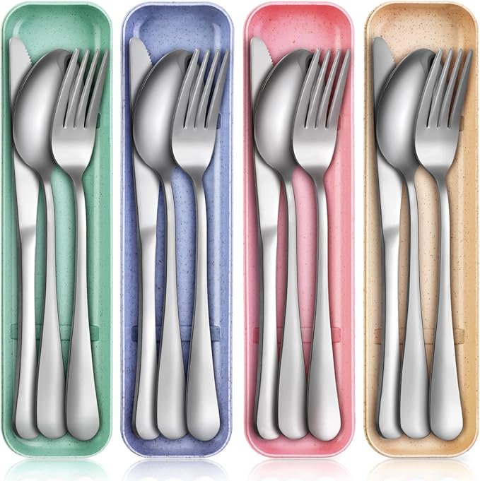 Yinkin 4 Pack Portable Travel Utensils Set with Case Reusable Stainless Steel Silverware Flatware Camping Cutlery Include Fork Spoon Knife for Work School Dishwasher Safe(Blue, Beige, Green, Pink)