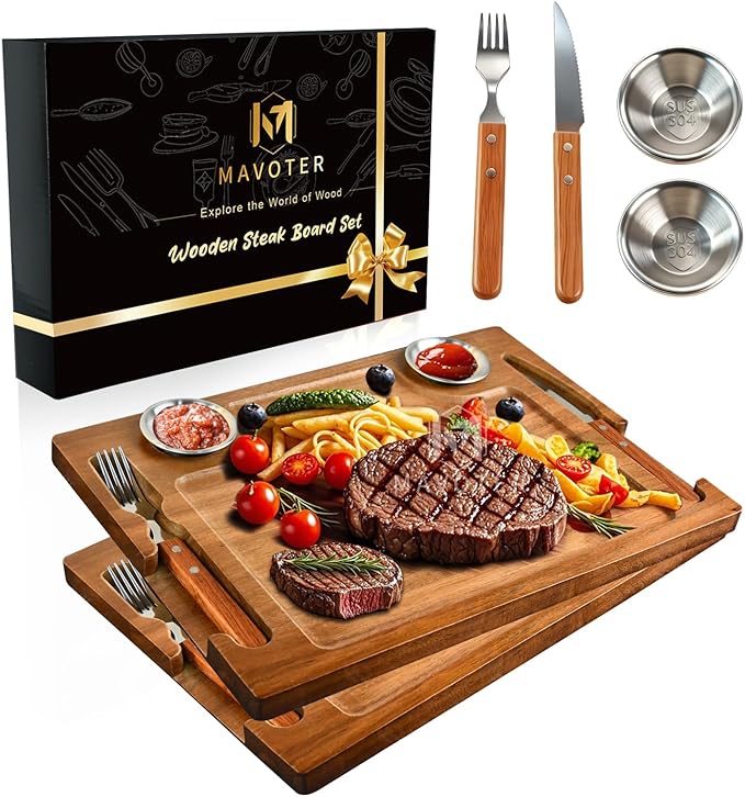 Acacia Wooden Steak Plates Board for Eating Set of 2,15.7" Meat Cutting Boards for Steak Food Serving Tray with Fork, Knife & Ramekins,Charcuterie Platter for Kitchen, BBQ & Entertaining