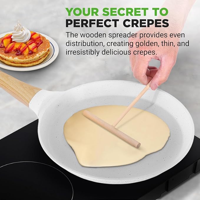 Nutrichef 2-Pack Non-Stick Crepe Pan Set – 11” Marble Coated Dosa Pans with Wooden Spreaders, Bakelite and Wood Handles, Induction-Compatible, Easy-to-Clean, Stain-Resistant, White Cream Marble