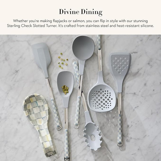 MACKENZIE-CHILDS Slotted Spoon, Silicone Turner for Cooking, Gray-and-White Sterling Check