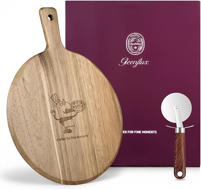 Acacia Wood Charcuterie & Pizza Board Set with Pizza Cutter β Premium Multi-Purpose Pizza Serving Board for Cheese, Bread, Fries, Appetizers β Rustic Cutting Board for Entertaining & Gift Giving