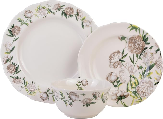 222 Fifth Luxe Peony Neutral Porcelain 12-Piece Dinnerware Set – Service for 4, Includes Dinner Plates, Salad Plates & Cereal Bowls, Glossy Finish, Dishwasher Safe, for Daily Dining & Entertainment