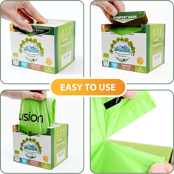 GreFusion Compostable Bags for Kitchen Compost Bin, 1.2 Gallon, 125 Count, Certified by BPI and ASTM, Leakproof and Odor Control