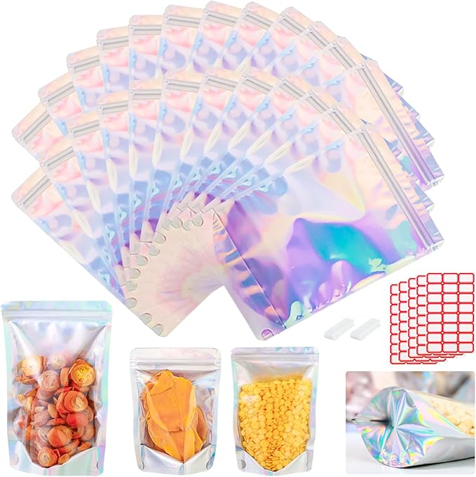 150-pack 4.7” x 7.9” Stand Up Mylar Bags with Clear Window Holographic Resealable Foil Pouches for Food Storage Smell Proof Edible Packaging Bag for Small Business, Small Plastic Storage Bag Bulk