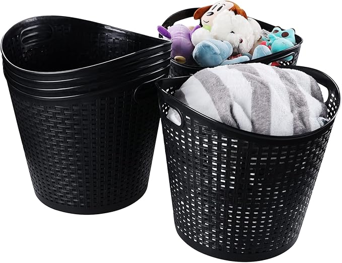 6-Pack Plastic Storage Basket, Laundry Hamper Storage Basket, Black