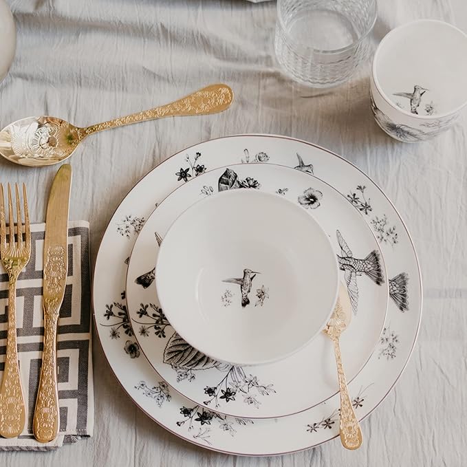 Botanic Plates and Bowls Sets Dishes Set for 4, Ceramic Plates and Bowls Set, Service for 4, Bone China Dinnerware Set Salad Dessert Plates, and Cereal Bowls Set, Microwave safe by KOKEN