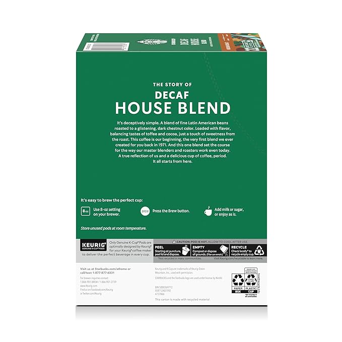 Starbucks K-Cup Coffee Pods, Medium Roast Hot or Iced Coffee, Decaf House Blend, 22 Keurig Pods
