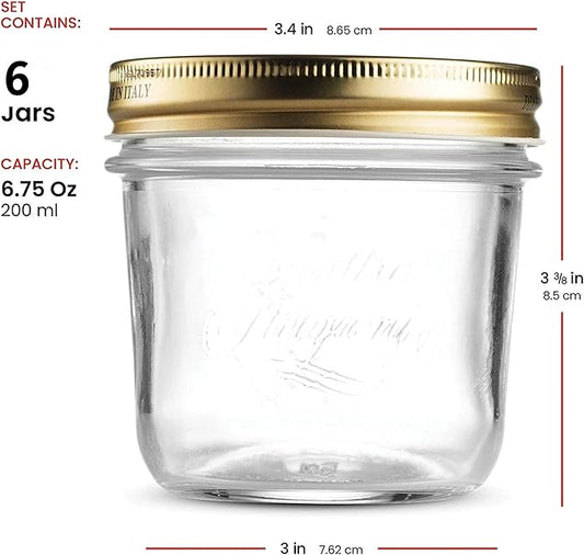 Bormioli Rocco Quattro Stagioni 6.75 oz Glass Preserving Jar (Set of 6) - Wide‑Mouth Twist‑Top Canister with Airtight Seal - Bee embossed Storage & Serving Vessel - Made in Italy, BPA‑Free