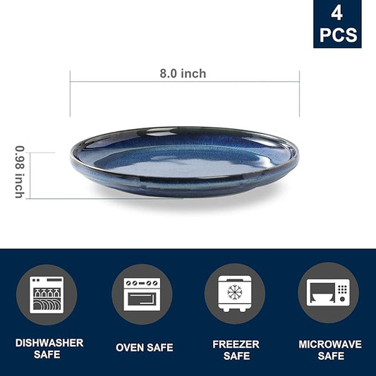 Ceramic Flat Plates Set of 4-8 in - The Dessert, Salad, Appetizer, Small Lunch, etc Plate. Microwave, Oven, and Dishwasher Safe, Scratch Resistant. Kitchen Porcelain Dish-Royal Blue