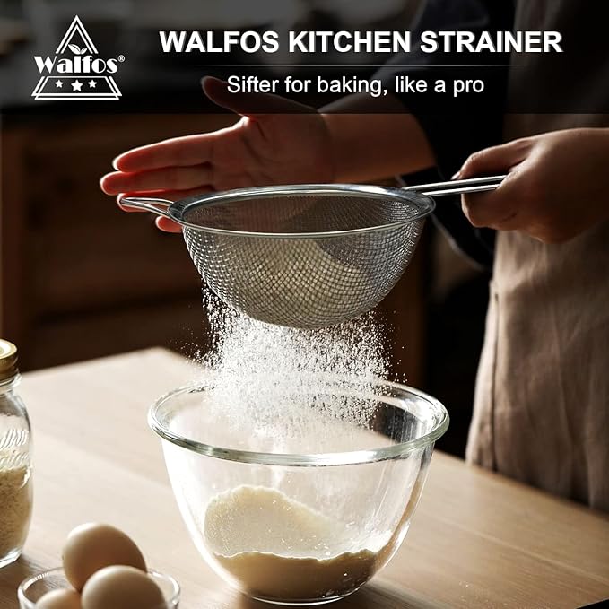 Walfos Fine Mesh Strainer Set of 3, Stainless Steel Wire Strainers for Kitchen, Multipurpose Metal Fine Sieve with Handle, Perfect for Food, Rice, Quinoa, 2.7", 4.6", 7"