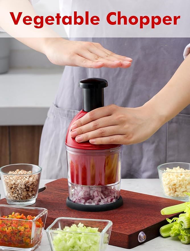 Food Chopper, Hand Chopper Dicer Easy to Clean, Manual Slap Vegetable Cutter Onion Dicer, Garlic Mincer for Onion, Nut, Tomato, Pepper, Celery, etc, Red