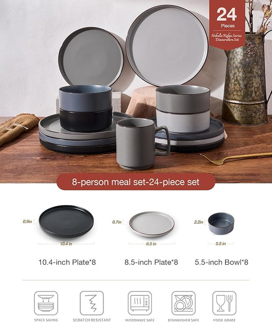 Famiware Nebula Ridge Stoneware Dinnerware Sets for 8, 24 Pieces Plates and Bowls Sets, Dishes Set, Microwave and Dishwasher Safe Kitchen Plates, Multi-color