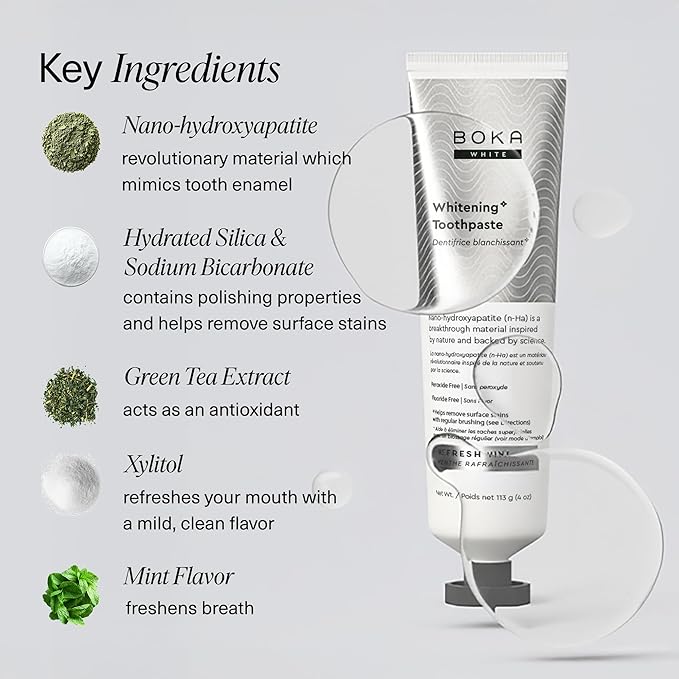 Boka Fluoride Free Toothpaste, Nano Hydroxyapatite Toothpaste, Appropriate for Sensitive Teeth, for Adult, Kids Oral Care - Whitening* Refresh Mint, 4 Fl Oz 1Pk US Manufactured