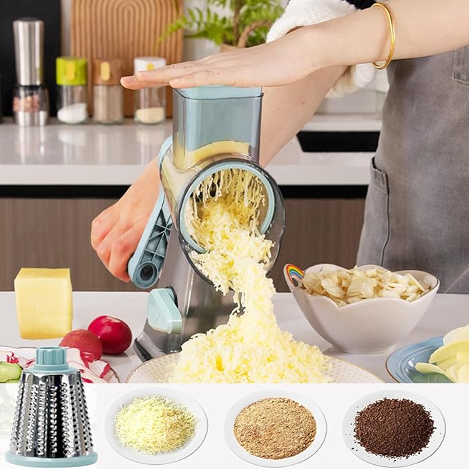 Cheese Grater with Handle,Multifunctional Rotary Cheese Grater,Kitchen Cheese Shredder Can Easily Chop Vegetables,Potatoes,Carrots,Etc.The Suction Cup is Stable and Easy to Clean (blue)