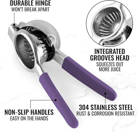 Zulay Kitchen Lemon Squeezer Stainless Steel with Premium Heavy Duty Solid Metal Squeezer Bowl and Food Grade Silicone Handles - Large Manual Citrus Press Juicer and SS Lime Squeezer (Purple)