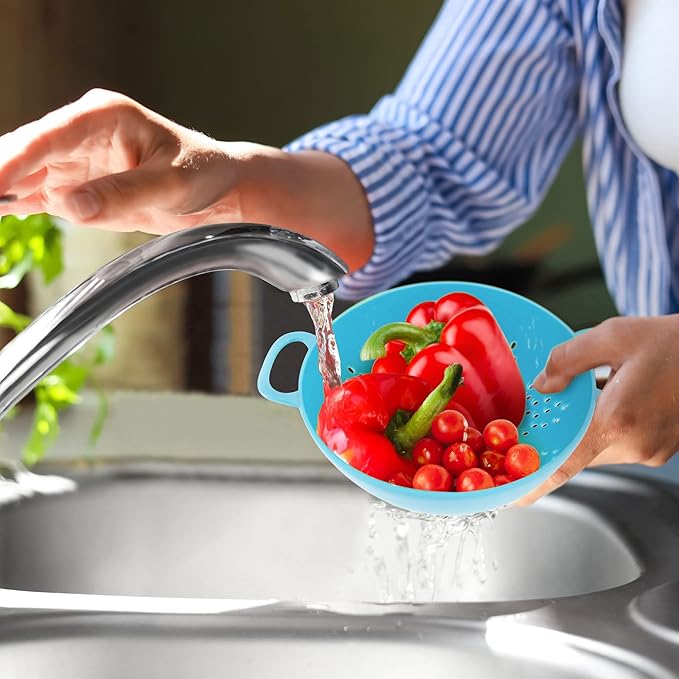 Meadow Lane 6-inch Small Colander, BPA-Free, Dishwasher Safe, Double Handles, Compact Food Strainer for Berries, Veggies and Pasta, 3-Cup Capacity, Red and Blue, 2-Pack