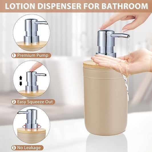 iMucci Bathroom Accessories Set 5Piece Beige Bathroom Sets, Toothbrush Holder, Toothbrush Cup, Lotion Soap Dispenser, Soap Dish and Qtip Holder Bathroom Decor