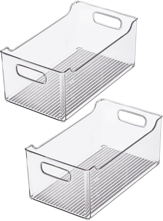 mDesign Modern Plastic Open Front Dip Storage Organizer Bin Basket with Built-In Handles for Kitchen Organizing, Fridge Shelf, Cubby, Cabinet, or Pantry Organization, Ligne Collection - 2 Pack - Clear