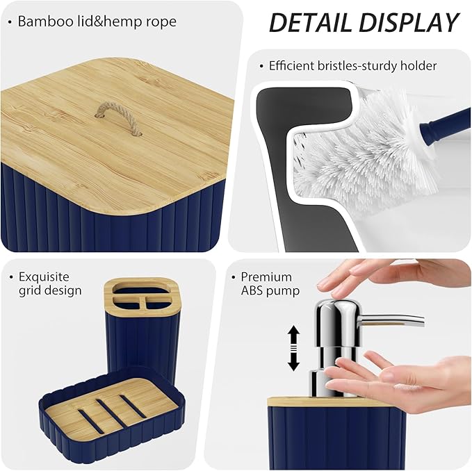 Bathroom Accessories Set - 10PC Bathroom Sets, Navy Blue Bathroom Set, Bathroom Accessories Set, Toilet Brush, Bathroom Trash Can & Soap Dispenser