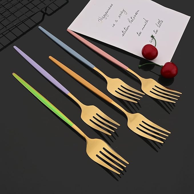 JASHII Flatware Set 24 Piece, Stainless Steel Silverware Set, Macaron Small Fresh Color Cutlery Set, Modern Elegant Tableware Set for Party, Christmas, Dinner (Purple Gold), Service for 6
