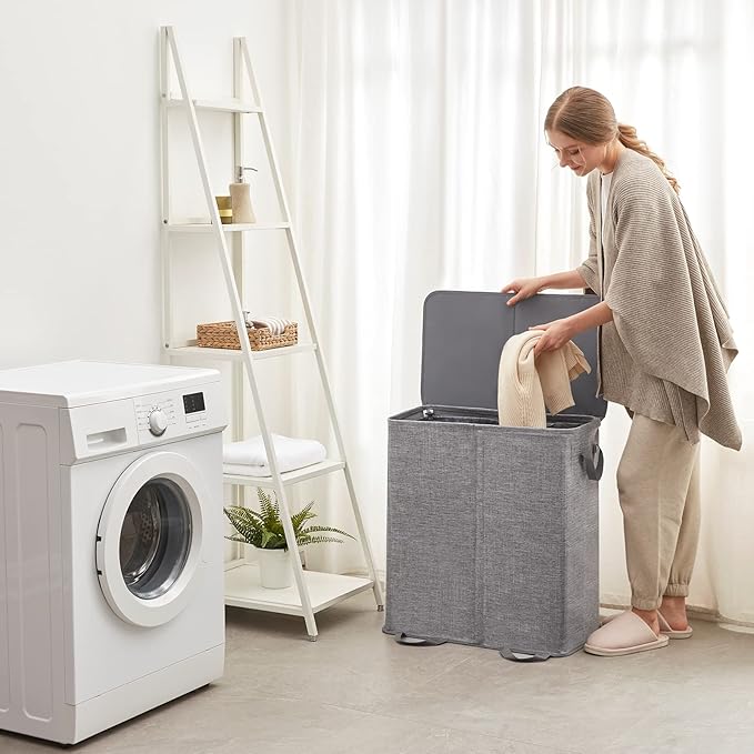 Lifewit Double Laundry Hamper with Lid and Removable Laundry Bags, Large Collapsible 2 Dividers Dirty Clothes Basket with Handles for Bedroom, Laundry Room, Closet, Bathroom, College, 155L Grey