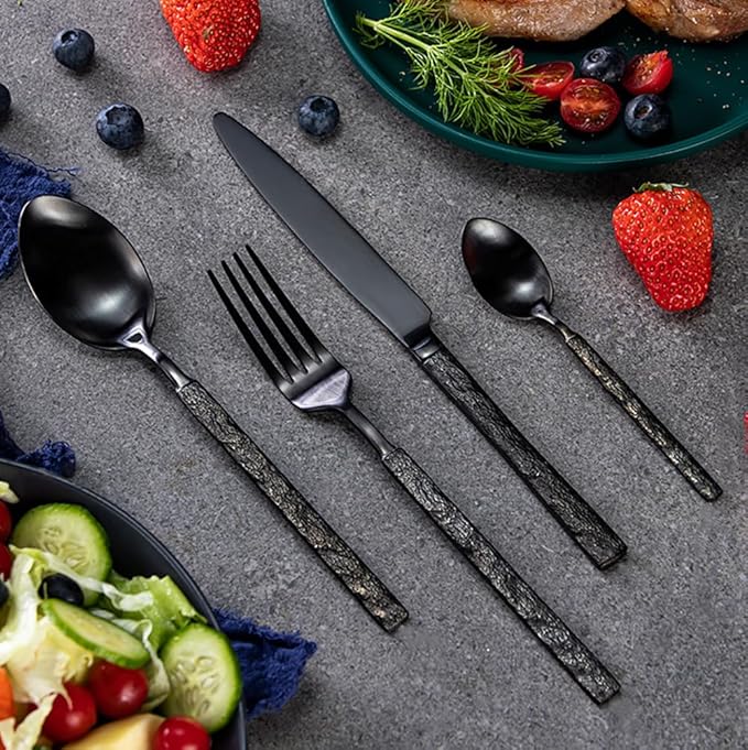Black Silverware Set for 8 Modern Square Flatware Set Stainless Steel 32 Piece Cutlery Utensils Sets for Home Kitchen Restaurant Mirror Polished