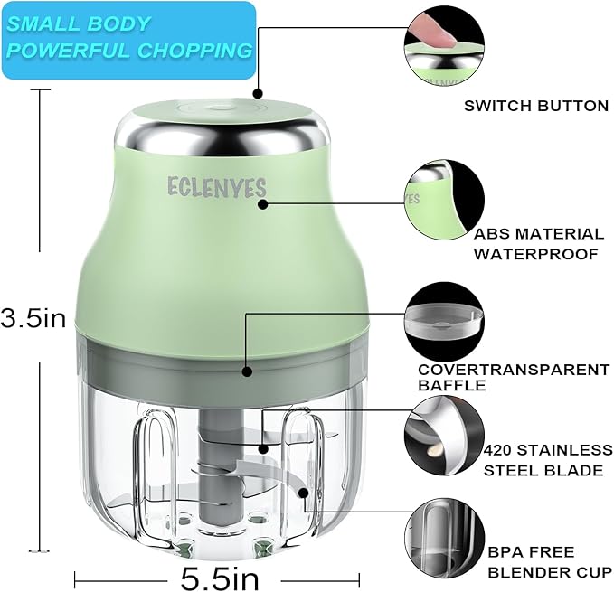 Vegetable Chopper, Electric Garlic Chopper, 250ML USB Rechargeable Mini Blender, Powerful Small Food Processor, Blender to Vegetable, Wireless Food Cutter for Ginger, Chili, Fruit, Meat, etc(Green)