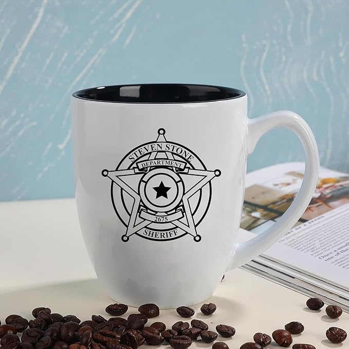 Personalized Coffee Mug with Sheriff Badge for Law Enforcement, Custom Name and Number, 16oz Engraved Coffee Cup, Custom Sheriff Gift For Men Dad Father's Day PD Police Officer