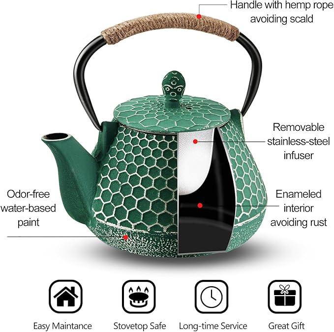 Cast Iron Tea Pot - Honeycomb Pattern Tea Kettle with Tea Leaf Infuser,Stovetop Tea Kettle Coated with Enameled Interior,Suitable for Brewing Loose Leaf Tea (green)