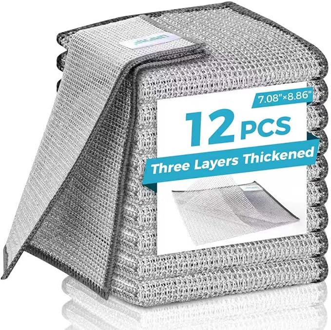 Forggon12 Pcs New Upgrade 3-Layer Metal Dish Cloth, No Scratches and No Odor, Multipurpose Wire Dishwashing Rag for Wet and Dry, Kitchen Cleaning DishRags,Sinks,Dishes,Stove Top, Dimensions(7.08X8.86)