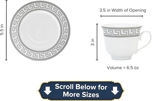 Dinnerware Set for 8-49 Piece Vintage Porcelain Dish Set - White and Silver Greek Key Design - Luxurious Tableware - For Everyday Use or Formal Occasions (Meander Silver 2049)