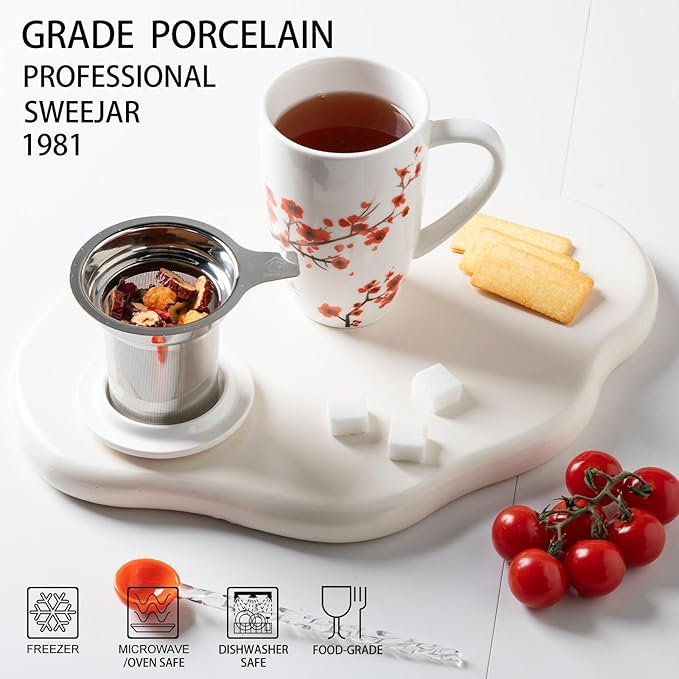 Sweejar Porcelain Tea Mug with Infuser and Lid,Teaware with Filter, Loose Leaf Tea Cup Steeper Maker, 16 Fl Oz for Tea/Coffee/Milk/Women/Office/Home/Gift (Plum Blossom)