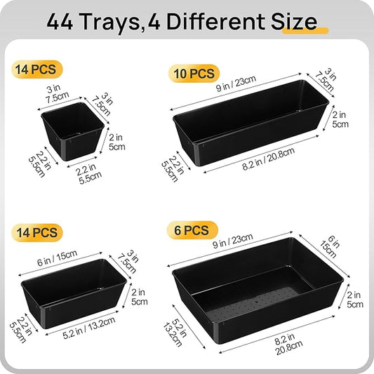 Vtopmart 44 PCS Plastic Drawer Organizers Set, 4-Size Versatile Bathroom and Vanity Organizer Trays, Non-Slip Storage Containers for Makeup, Jewelries, Bedroom,Kitchen Utensils and Office, Black