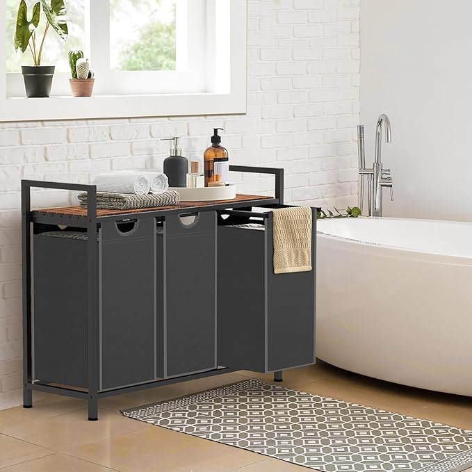 Laundry Hamper, Laundry Sorter with 3 Pull-Out Removable Oxford Fabric Bags Cloth Laundry Basket 3 x 10 Gallons (Grey and Rustic Brown)
