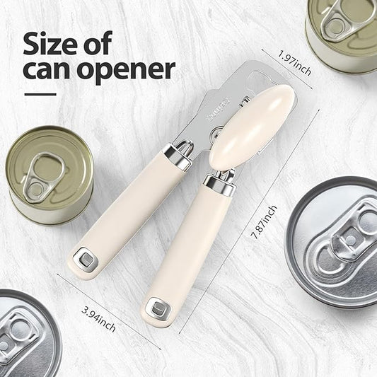 Can Opener Manual, Heavy Duty Stainless Steel Smooth Edge Can Opener With Soft Touch Handle, Oversized Handheld Easy Turn Knob, Multi-Function Bottle Opener, Beige