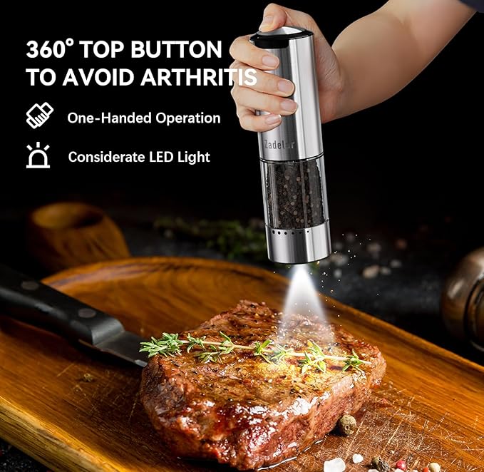 Electric Rechargeable Salt and Pepper Grinder Set,Automatic Pepper Mill Grinder with USB C Charging Dock,Upgraded 95ml Large Capacity,Adjustable Coarseness,LED Light,Stainless Steel