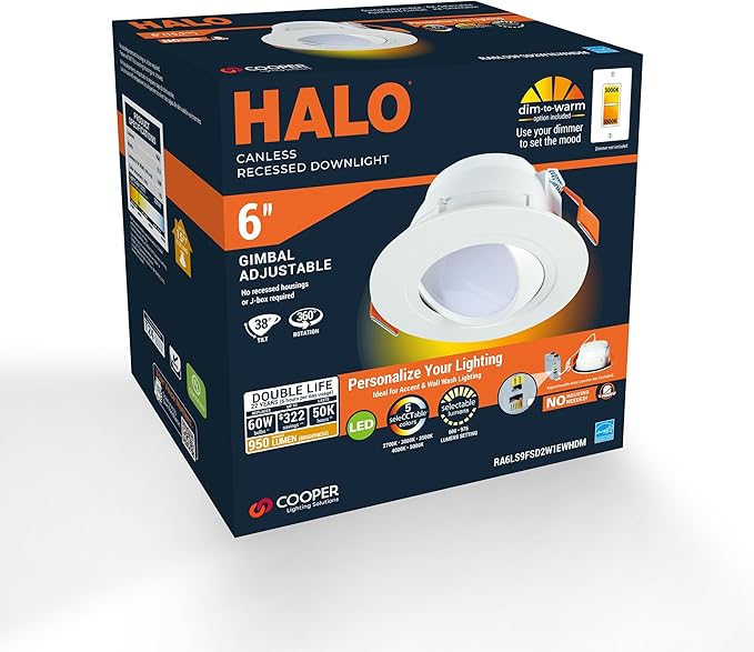 HALO RA 6-Inch Canless LED Recessed Downlight with Adjustable Gimbal, Selectable Lumens and Color Temperatures, Dim-to-Warm - RA6LS9FSD2W1EWHDM