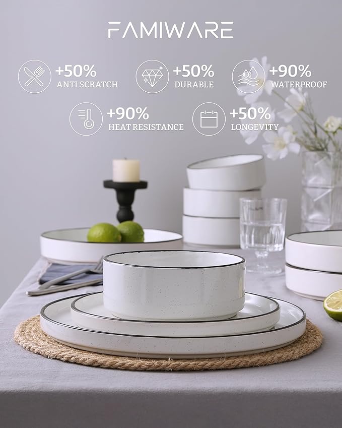 Famiware Nebula Plates and Bowls Set, 24 Pieces Dinnerware Sets, Dishes Set for 8, White with Black Rim