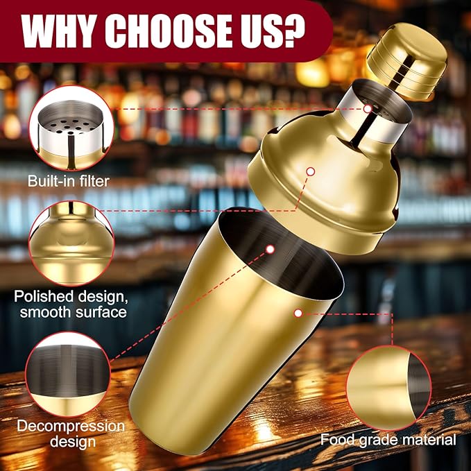 Nitial 6 Pcs Bar Cocktail Shaker Professional Stainless Steel Martini Drink Mixer Built-in Strainer for Bartending No Leaks Shaker for Bar Party Drink Mixer (Gold,18.6 oz)