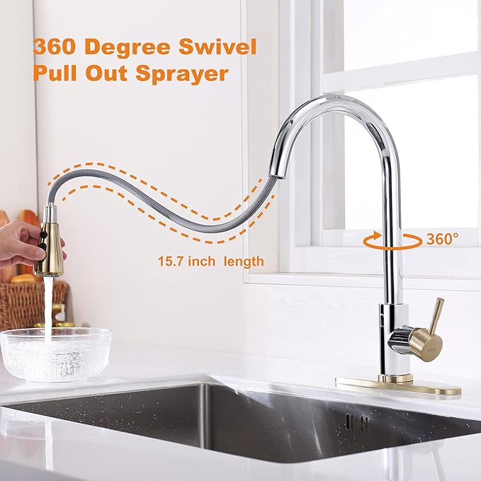 Touchless Kitchen Faucet with Pull Down Sprayer, Motion Sensor Kitchen Faucet with Soap Dispenser, Single Handle High Arc Pull Out Faucet for Kitchen Sink RV Kitchen, Gold and Polished Chrome