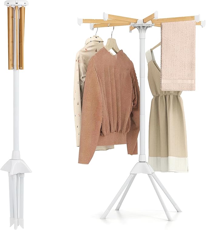 Tangkula Clothes Drying Rack, Foldable Laundry Drying Rack with 8 Bamboo Hanging Rods, 4-Legged Design, Space-Saving Floor Standing Octopus Airer for Balcony Bedroom Household