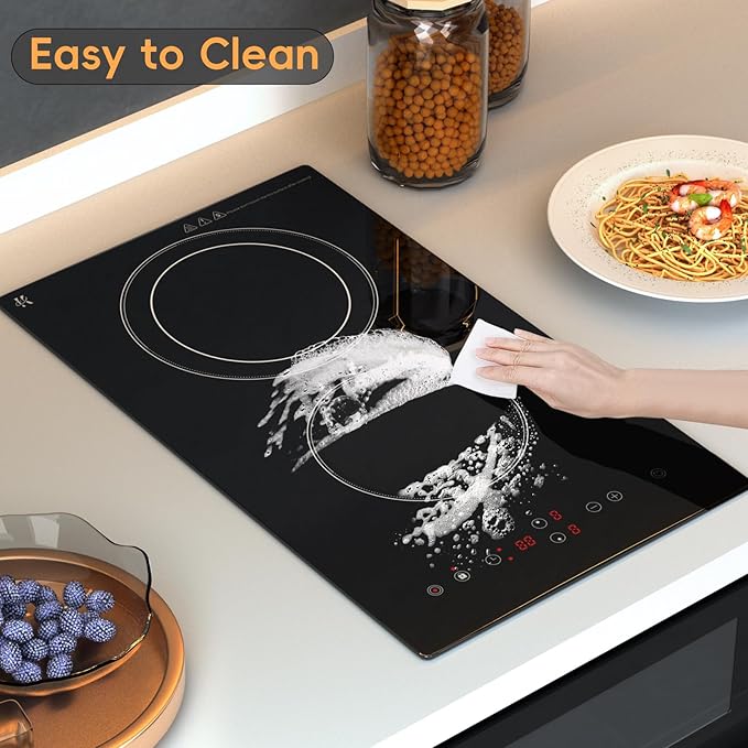 Electric Cooktop 2 Burner, 3200W Radiant Electric Stove Top 240V with Built-in Design, 12 inch Touch Control Ceramic Cooktop with Safety Lock, 9 Level Power, Timer - Hard Wire