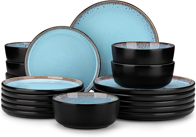vancasso Plates and Bowls Sets, 18 Pieces Stoneware Dinnerware Sets for 6, Kitchen Dish Set Mircowave and Dishwasher Safe Dinner Set Ceramic Dishware, Sky Blue, Series AMBER