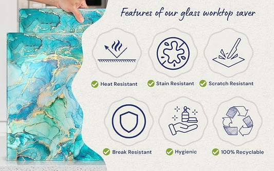 Glass Cutting Board 16"x12": Tempered Glass Kitchen Counter Protector - Durable- Scratch-Resistant, Heat-Proof - Design 9 - Teal Ocean