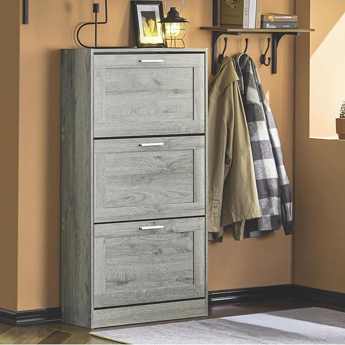 Shoe Cabinet for Entryway, 3-Tier Flip Drawer Narrow Shoe Storage Cabinet with Divider, Tall Slim Shoe Organizer for Small Spaces, Slim Shoe Rack Freestanding, Gray, HUS-FSR137-L