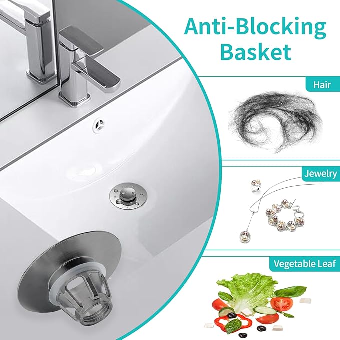 Universal Bathroom Sink Stopper with Hair Catcher, for 1.04-1.97 Inch Drain Hole, Spring Core Bathtub Drain Cover, Pop Up Sink Plug Basin Drain Strainer, Gray