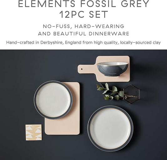 Denby - Elements Fossil Grey Dinner Set For 4-12 Piece Simple Ceramic Stoneware Tableware Set - Dishwasher Microwave Oven Safe - Scratch Chip Resistant