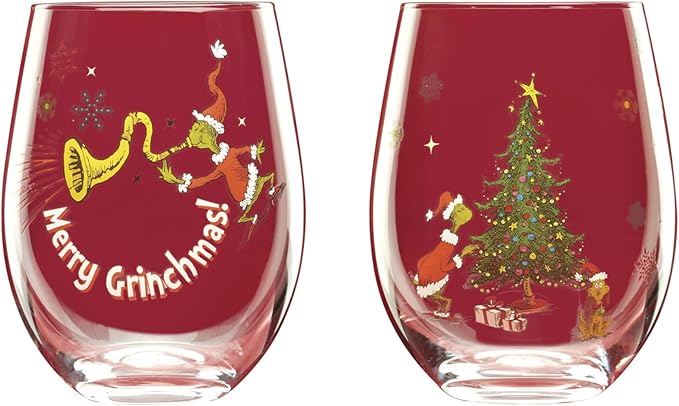 Lenox 896895 Merry Grinchmas Glass Tumblers, Set of 4, Assorted, Christmas Drinkware, Holiday Hosting